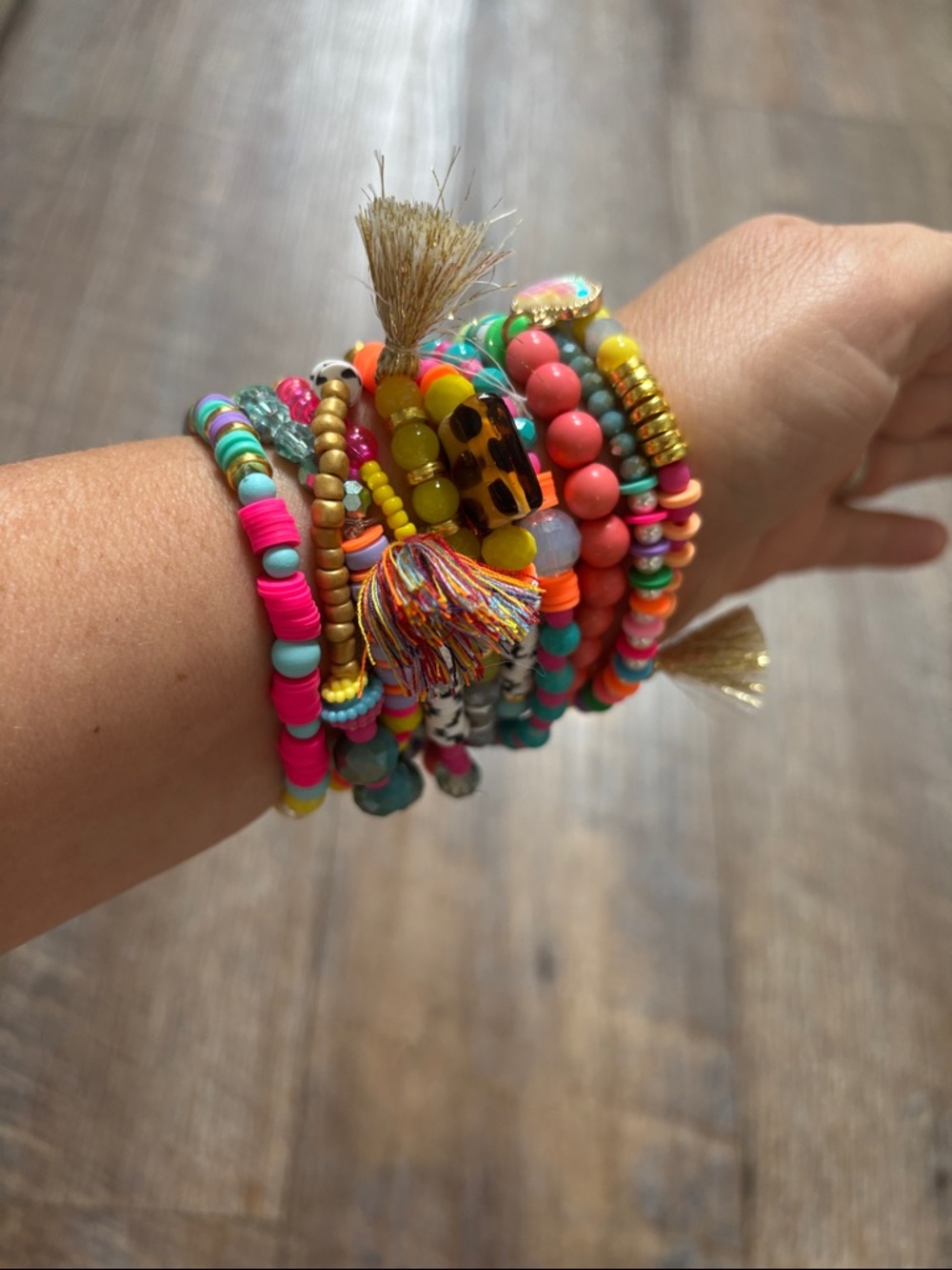 Fun and Flirty Colorful Beaded Stack Bracelet Set of Ten with Tassels - Picture 2 of 9